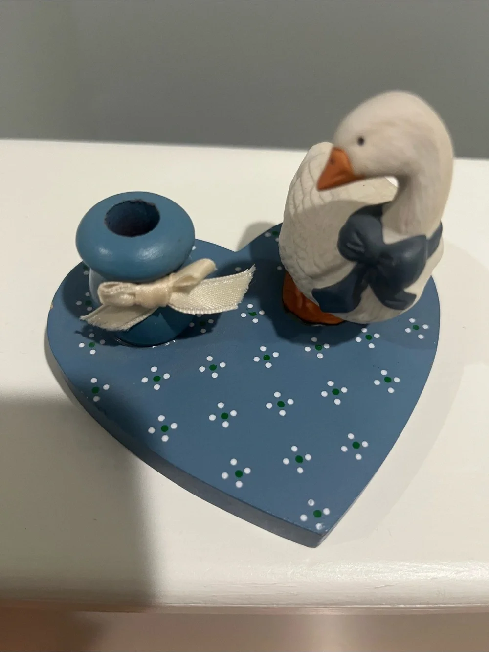 Cottagecore 1988 candle holder goose with bow Blue Heart Duck Figurine with Bow